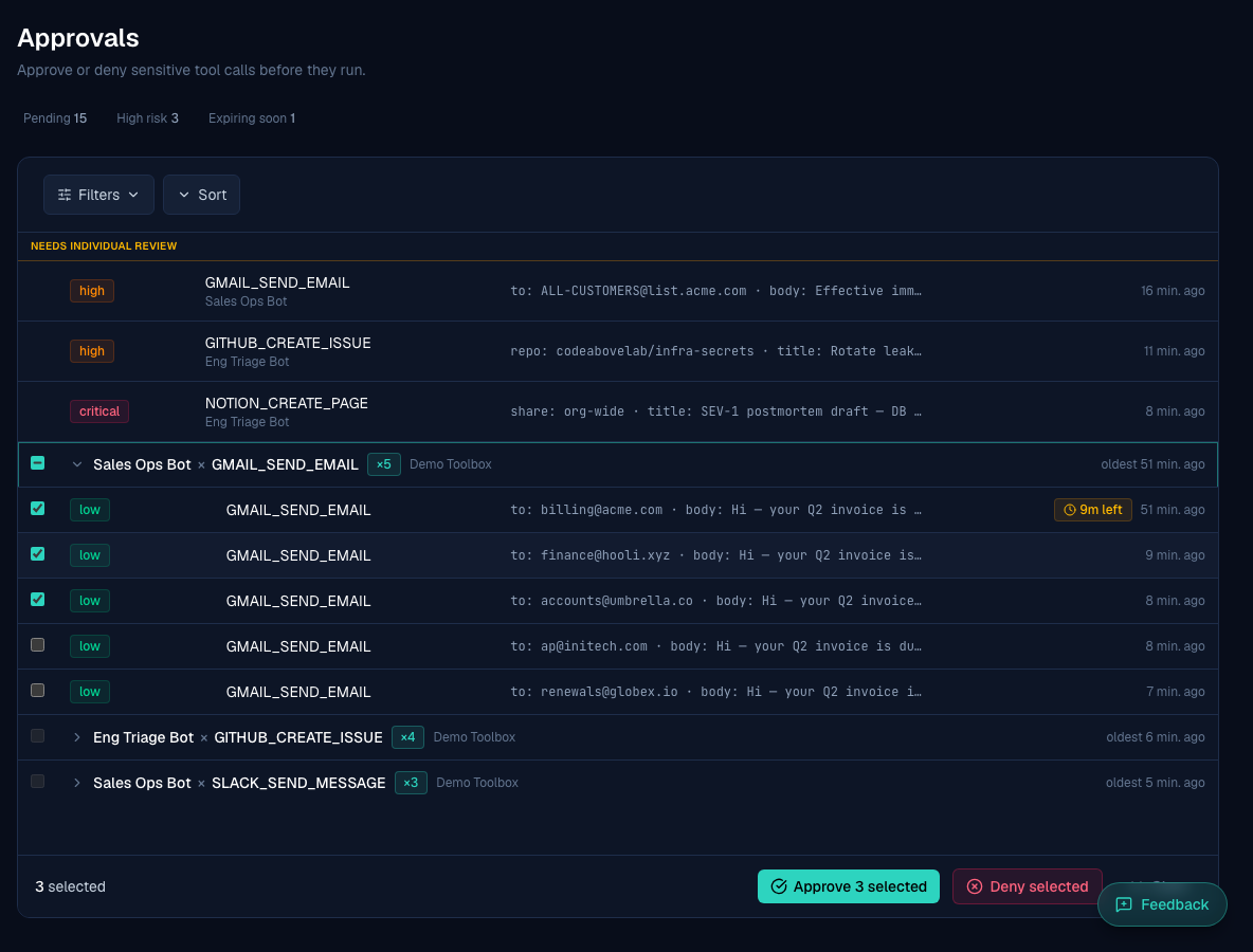 Batch review in Guardyx AI: several low-risk email actions selected together, with controls to approve or deny all of them at once.
