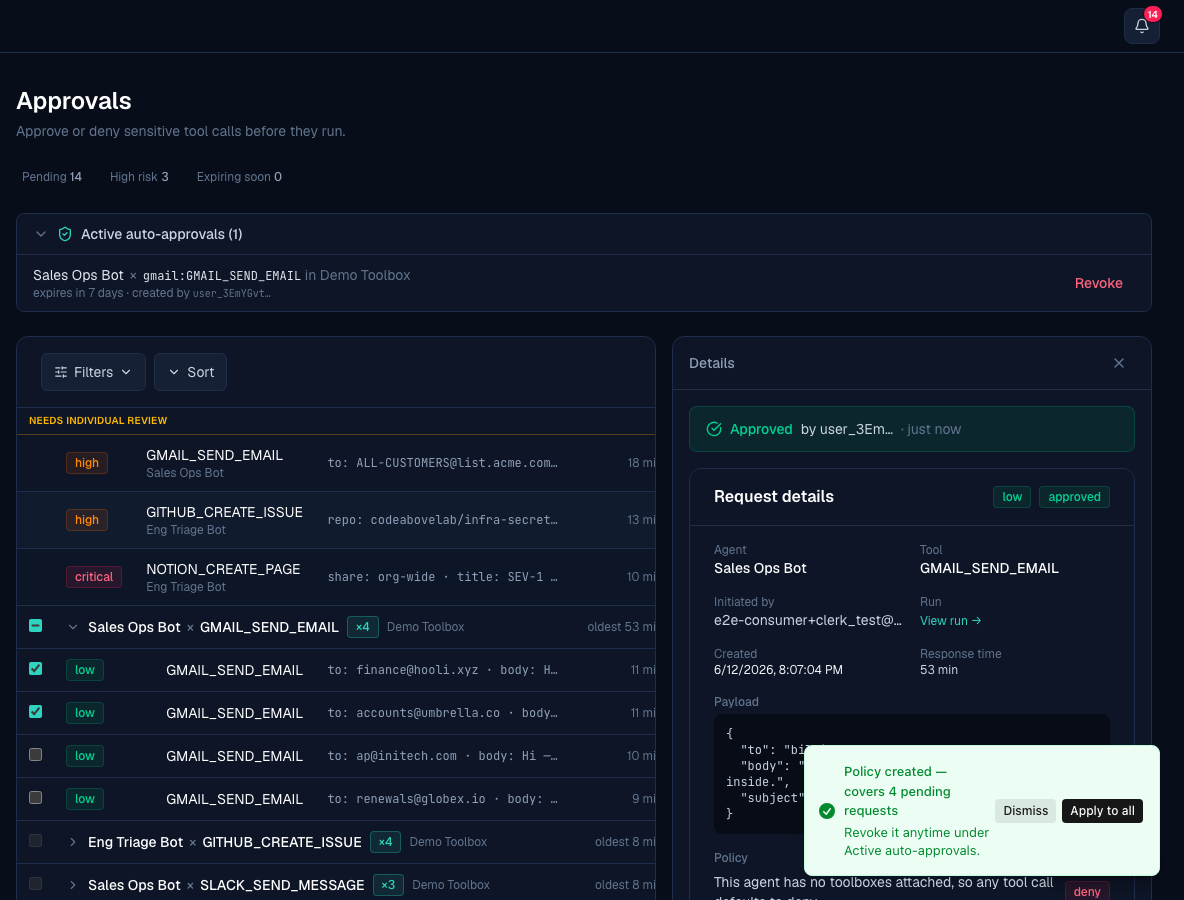 An approval's detail panel in Guardyx AI: the agent, the tool it called, the request payload, and the policy that required review, with approve and deny actions and the recorded outcome.