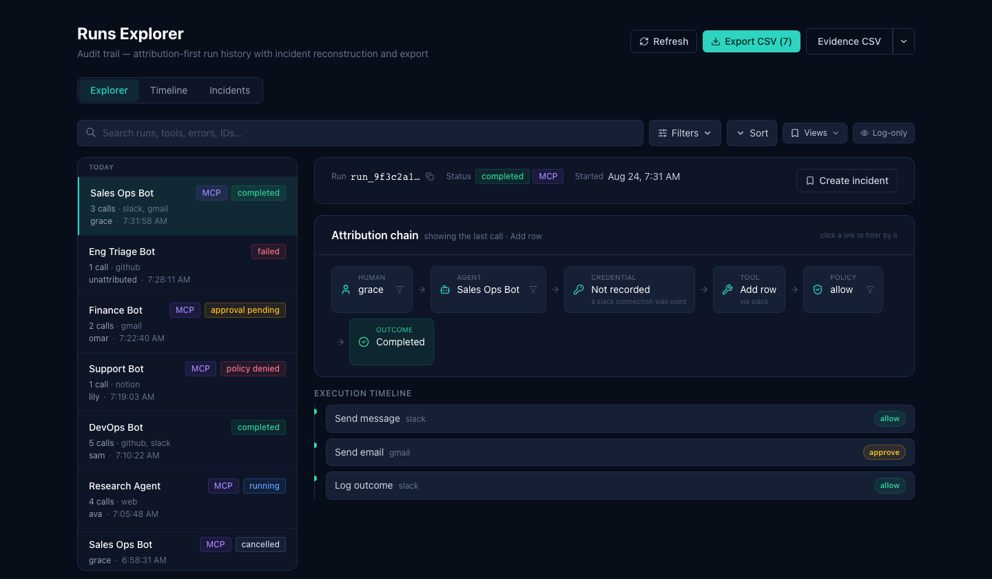 The Guardyx AI Runs Explorer: every governed run with who started it, the tools it called, the policy decision, and the outcome — the record a security team reviews and exports as evidence.